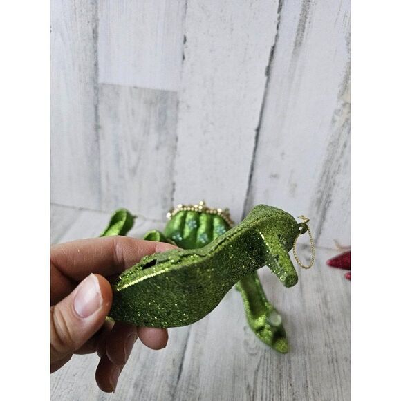 Green sparkle glitter stiletto heel shoe per set ornament Xmas tree purse - Picture 5 of 12